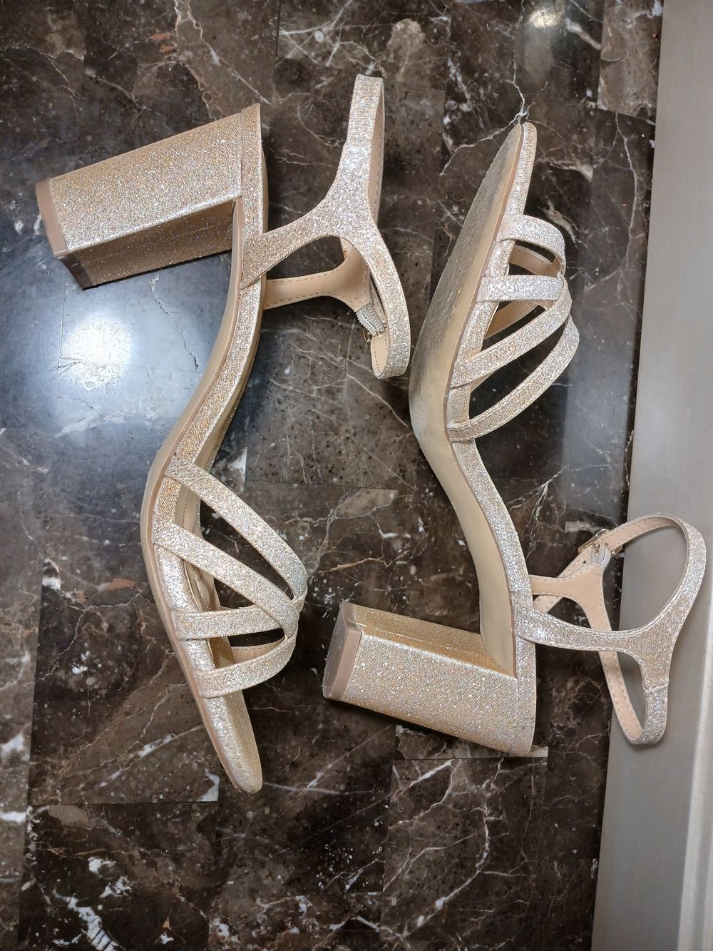 Badgley Mischka American Glamour Glitter Block Heel Sandals in Champagne
